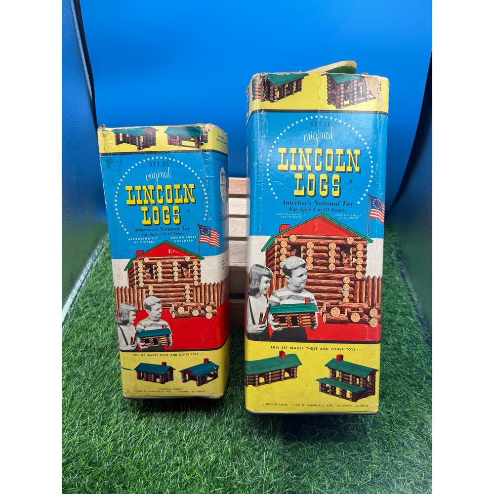 Vintage Original Lincoln Logs Sets 2C & 3C Chicago Illinois Canisters - Lot of 2